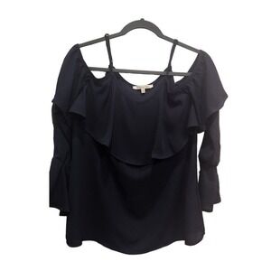 Blushing Heart Navy Blue‎ Cold Shoulder Ruffle Long Sleeve Top Women's Size S